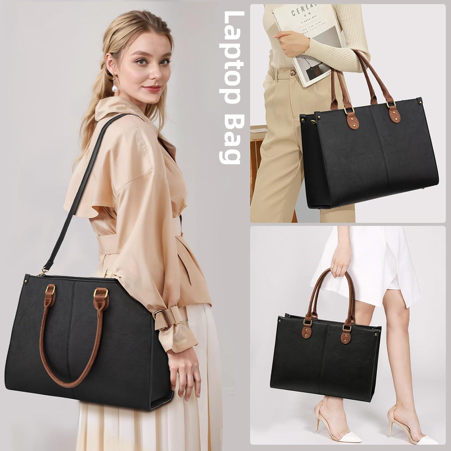 Damen Handtasche 15.6 Zoll PU Leder Tote Bag groß schwarz