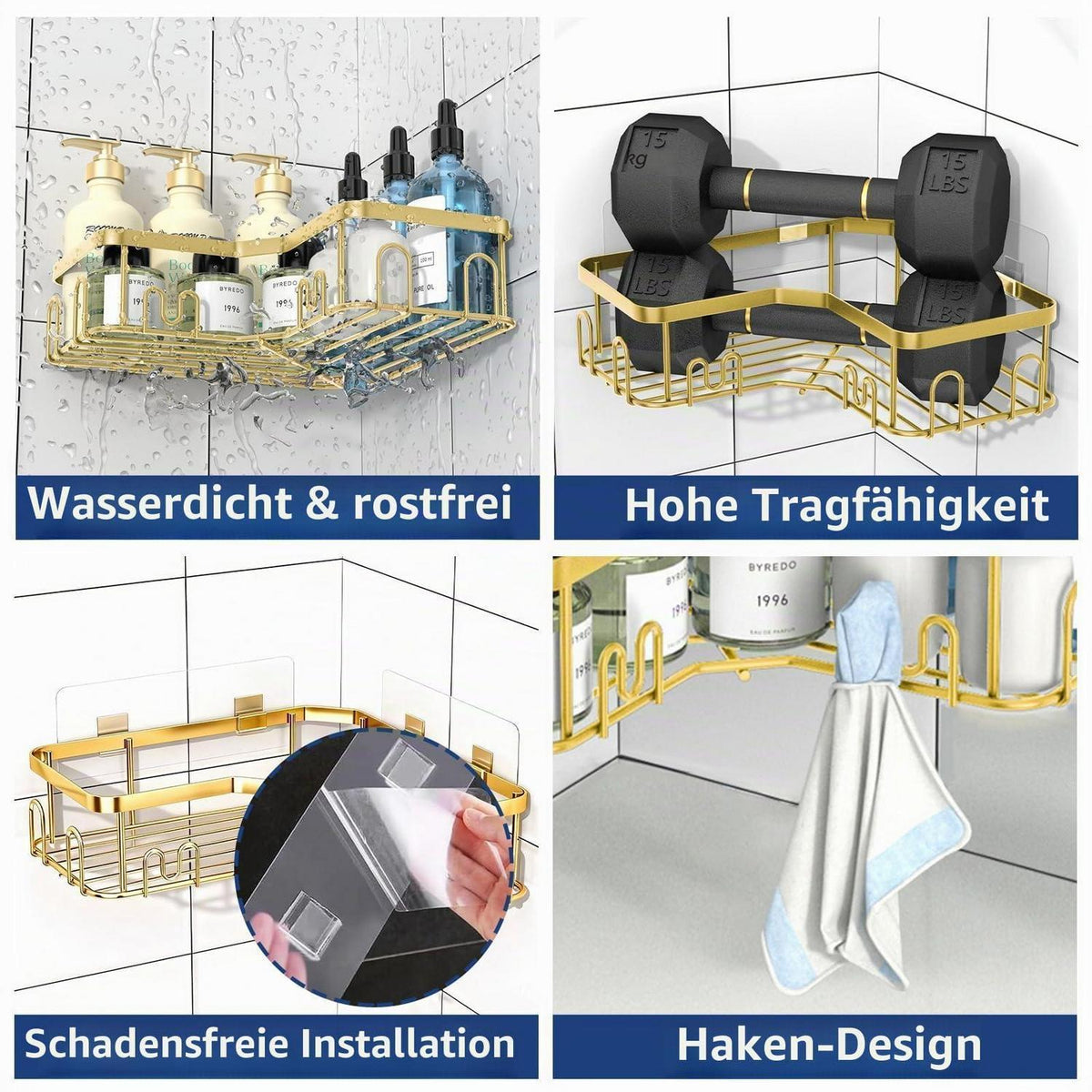 Eck-Duschablage Edelstahl 3er-Set mit Haken & Klebstoff