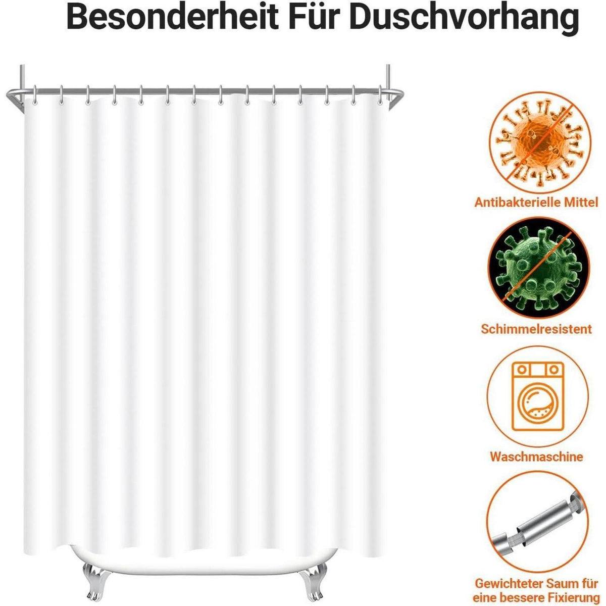 Duschvorhang 180x220cm Reinweiß mit Haken & Antischimmel Beschichtung