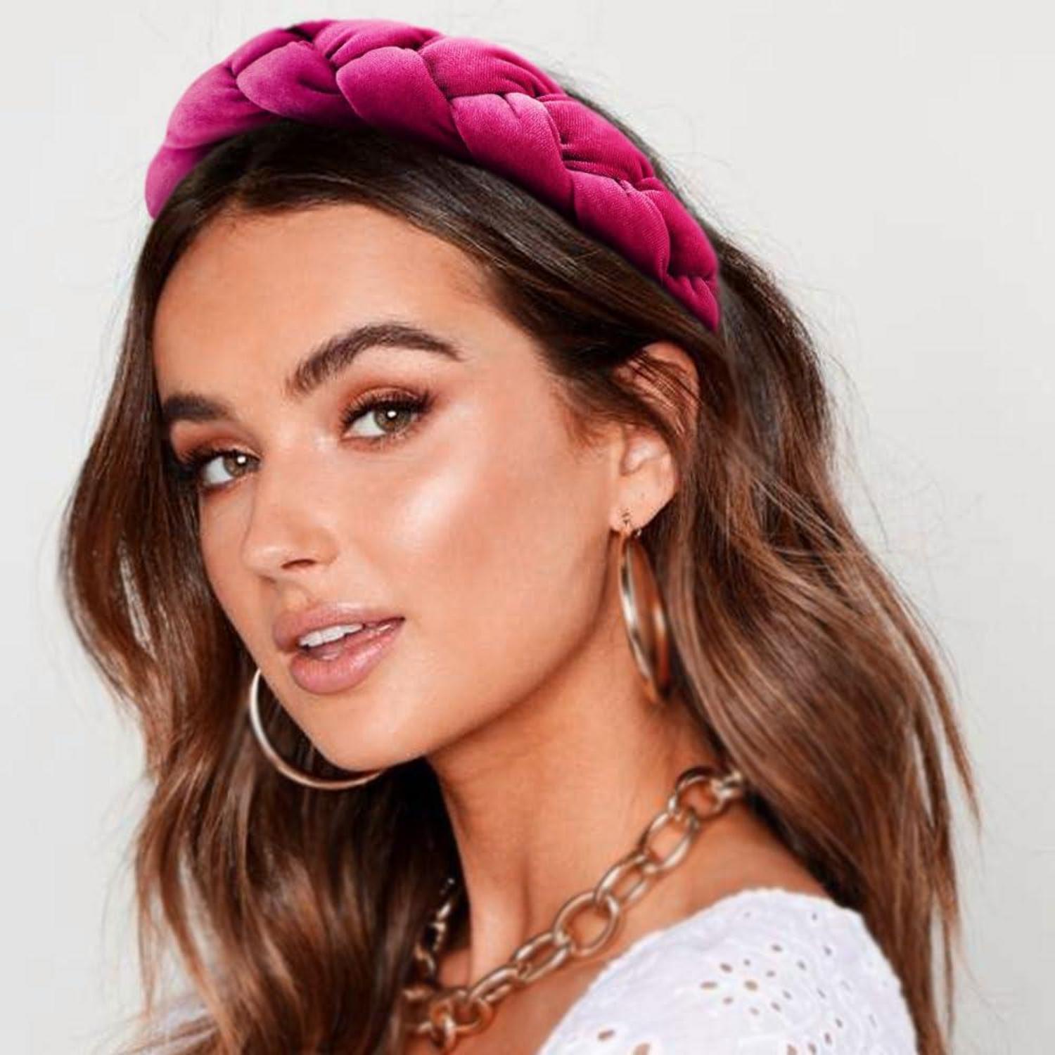Geflochtenes Stirnband Damen Samt Elastisch Haarband Fuchsia 1