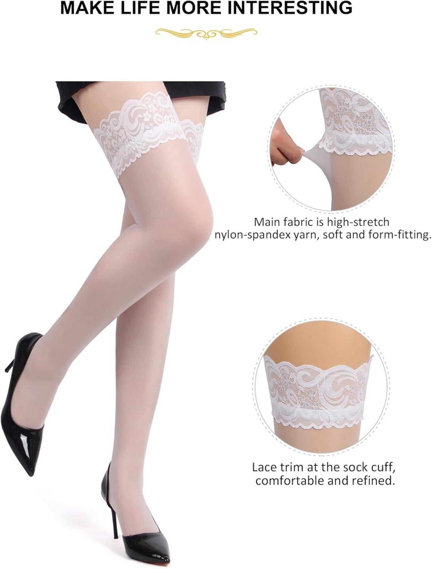 Damen Sexy Halterlose Strümpfe Spitzenbund Große Größen Weiß L-XXL