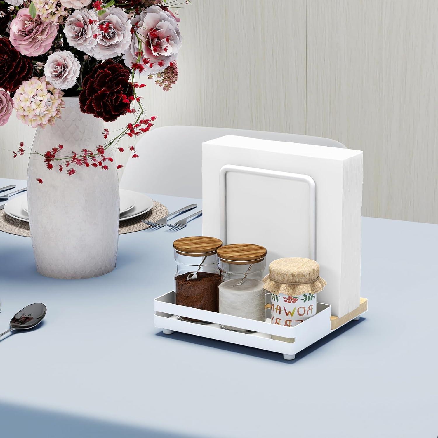 Serviettenhalter Weiß Metall Holz Tisch Küchenzubehör Dekorieren