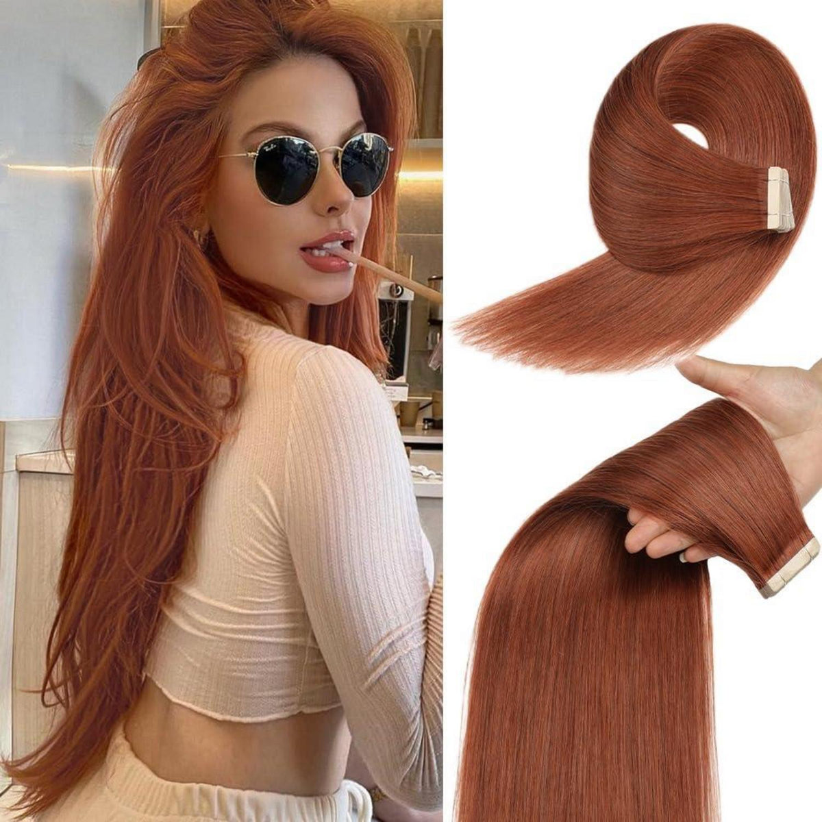 Echthaar Tape Extensions Dunkelrotbraun 55cm