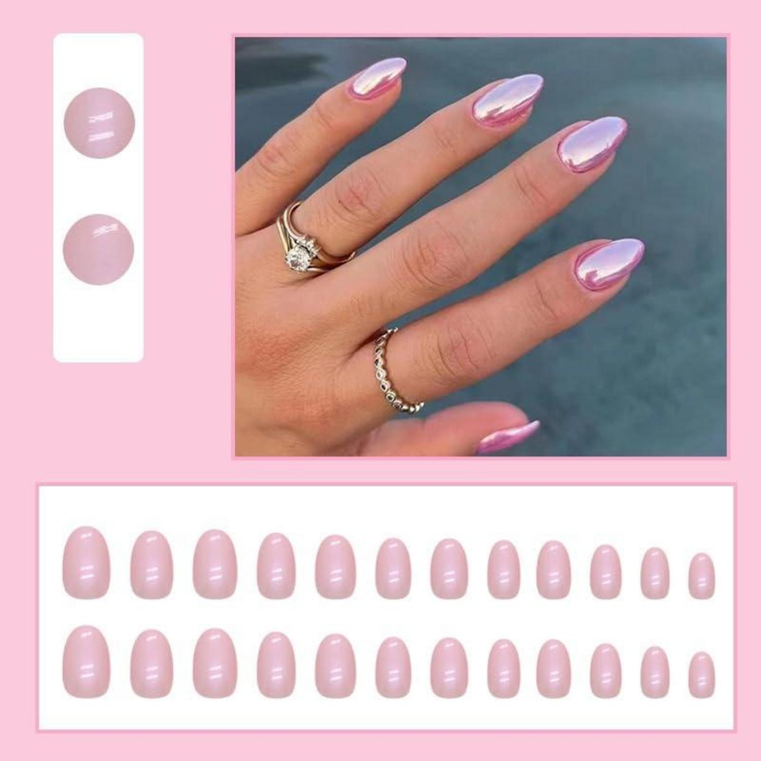 24 Stück Pink Glossy Oval Kunstnägel Zum Aufkleben Mittel