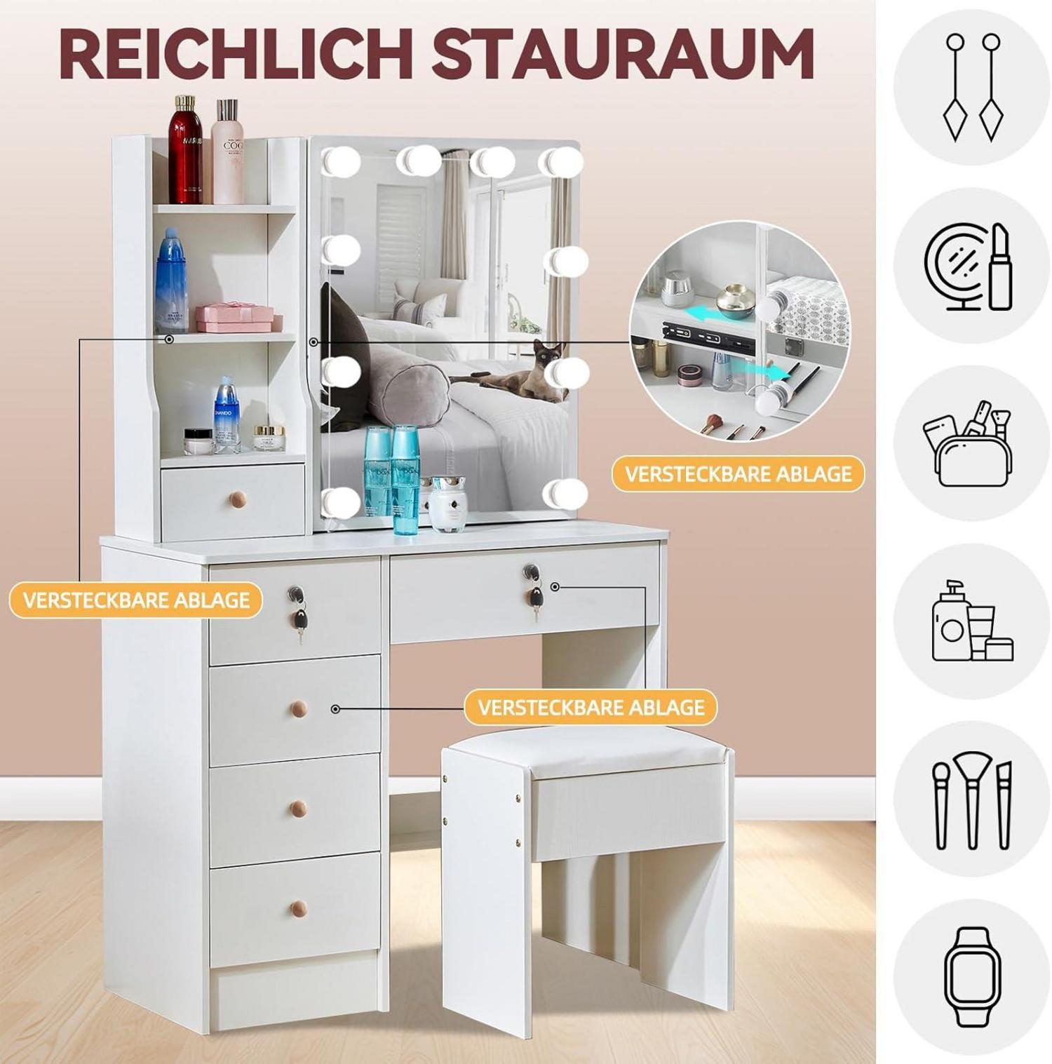 Schminktisch mit LED-Beleuchtung und Spiegel, weiß - 80x36x131cm