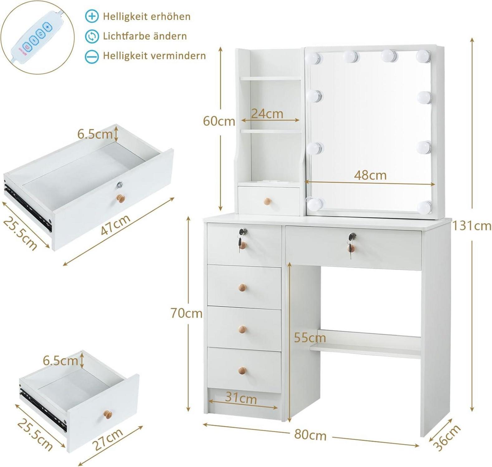 Schminktisch LED-Beleuchtung Spiegel Hocker Weiß 80x36x131cm