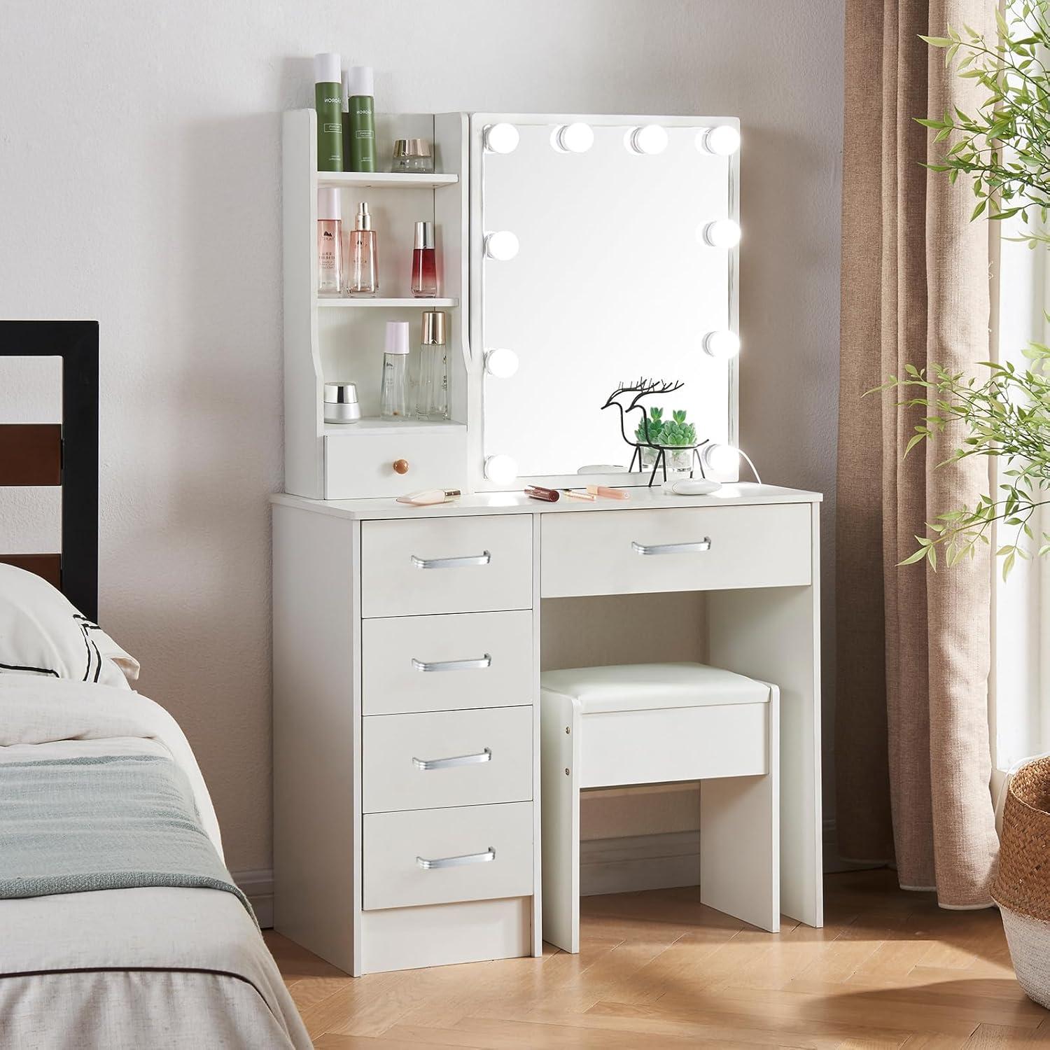 Schminktisch mit LED-Beleuchtung, Schiebespiegel und Hocker