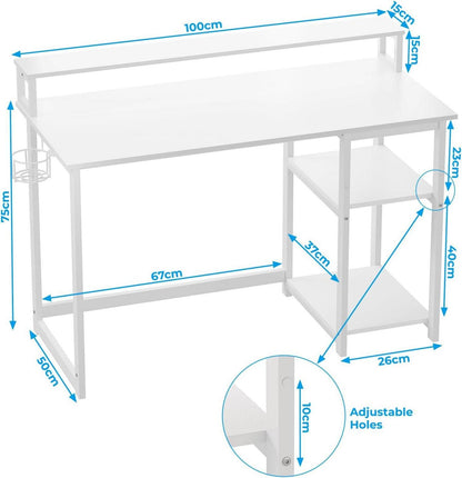 Kleiner Schreibtisch Weiß mit Regal und Monitorständer 100x50 cm