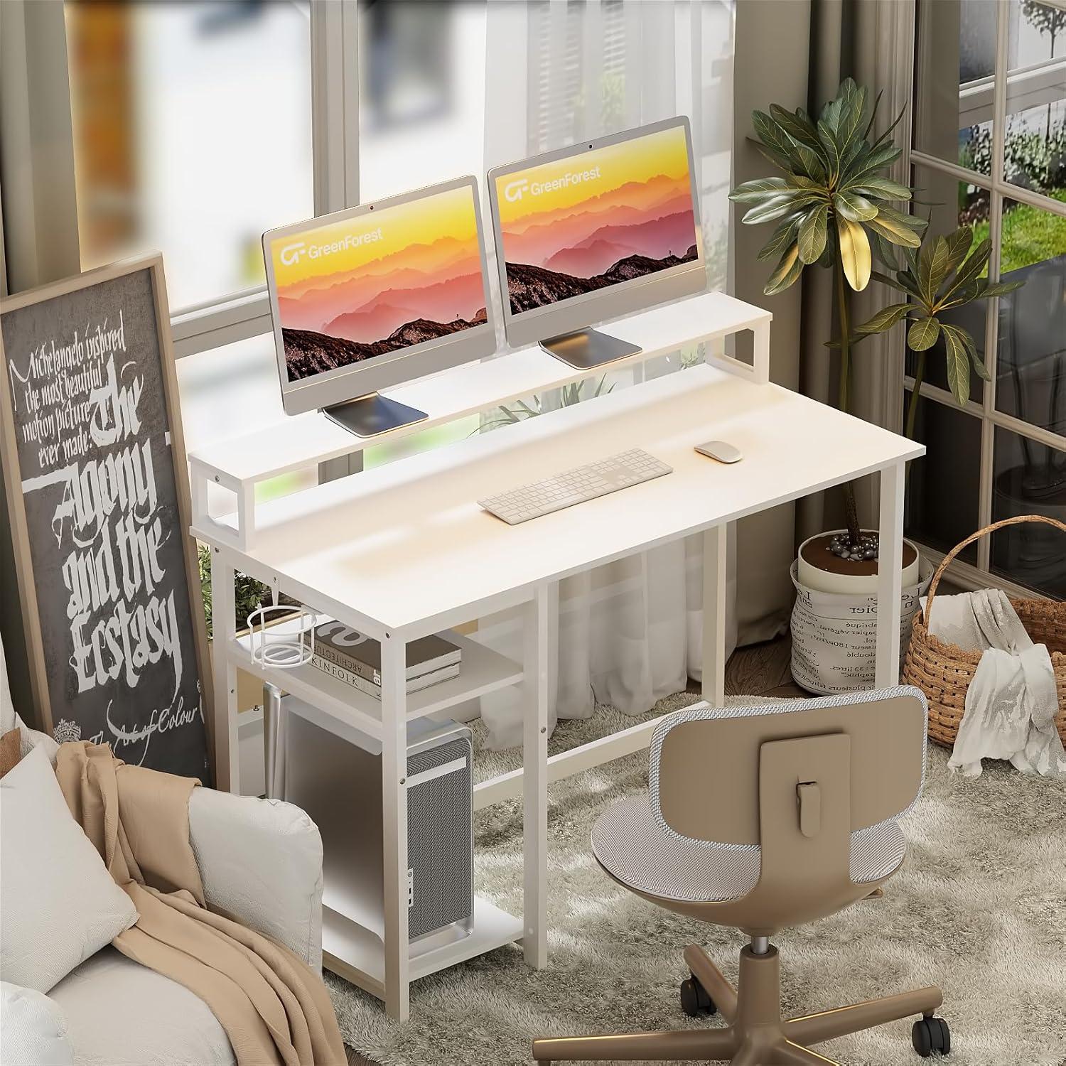 Kleiner Schreibtisch Weiß 100x50cm mit Regal & Monitorständer