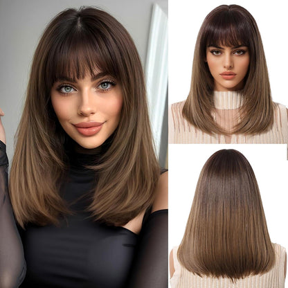 Ombre Braun Bob Perücke mit Pony Synthetisches Haar für Frauen