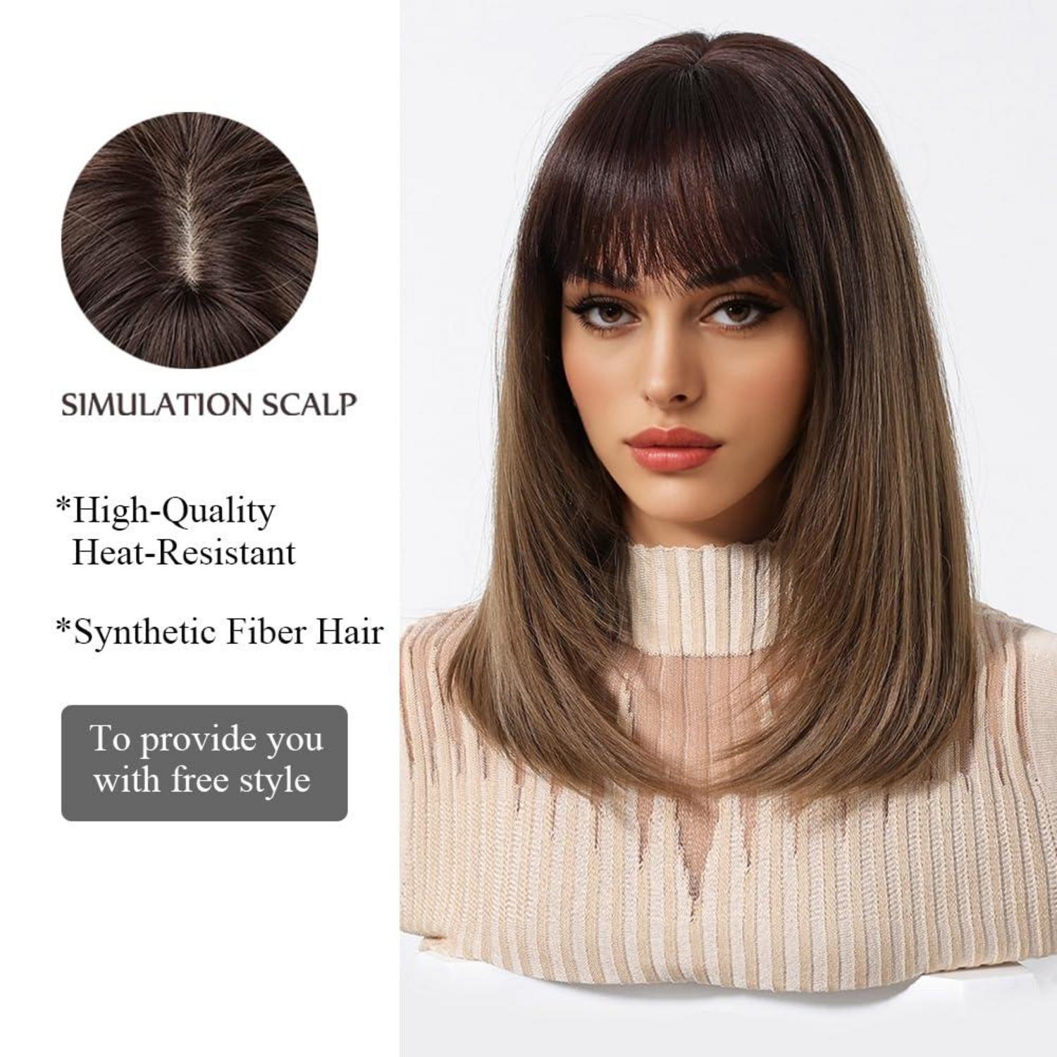 Ombre Braun Bob Perücke mit Pony Synthetisches Haar für Frauen