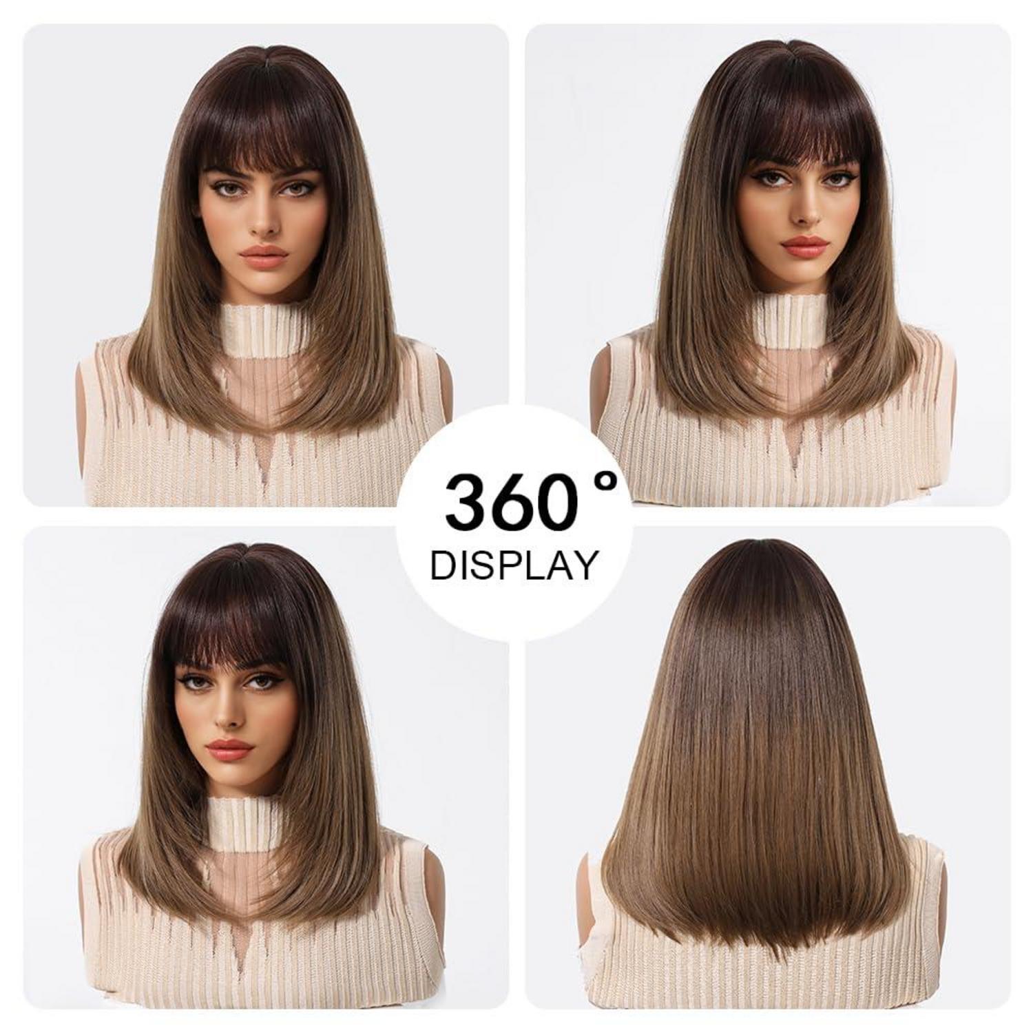 Ombre Braun Bob Perücke mit Pony Damen Kurz Gerade Synthetisch Cosplay