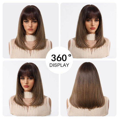Ombre Braun Bob Perücke mit Pony Damen Kurz Gerade Synthetisch Cosplay