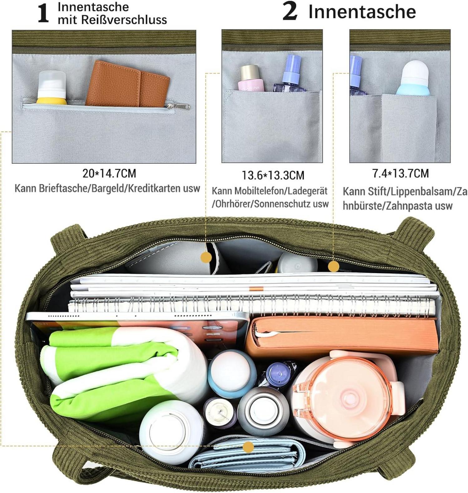 Benpen Cord Uni Damen Tasche Beige groß mit Reißverschluss und Fächern