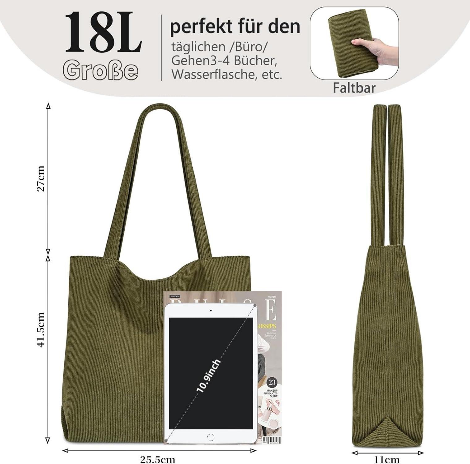 Große benpen Cord Uni Tasche Damen Beige Schultasche Handtasche Tote Bag