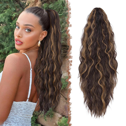 Welliges Pferdeschwanz-Haarverlängerung mit Klammer – 65cm Dunkelbraun/Blond