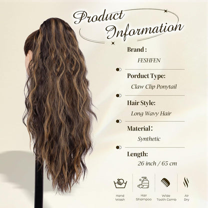 Welliges Pferdeschwanz-Haarverlängerung mit Klammer – 65cm Dunkelbraun/Blond