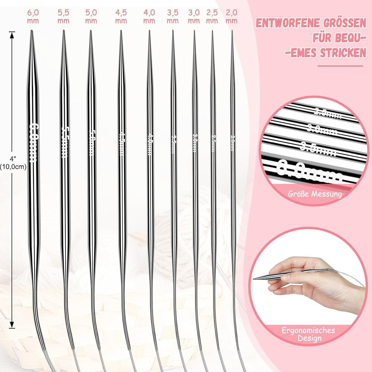 Rundstricknadeln Set Edelstahl 9 Stück – 2,0-6,0 mm für Strickprojekte