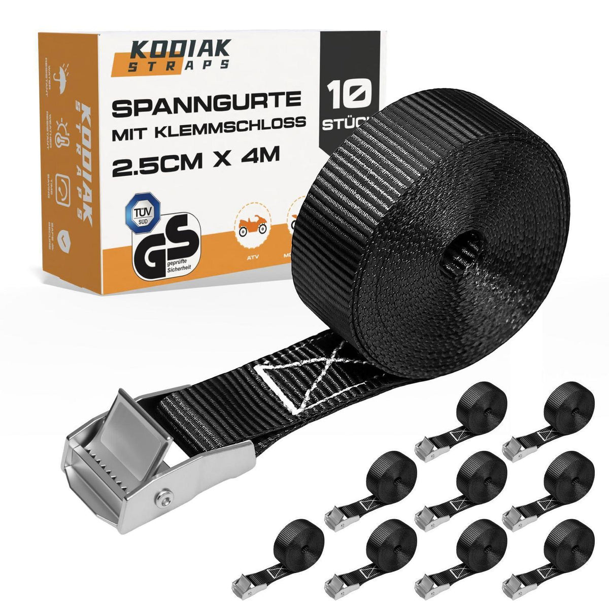 10 Spanngurte 4m, 250kg - Zurrgurte für Transport & Fahrrad