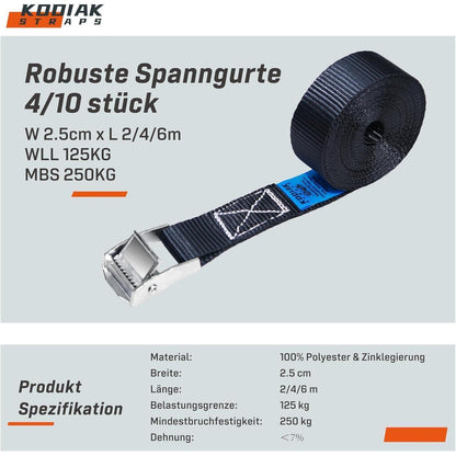 10 Spanngurte 4m, 250kg - Zurrgurte für Transport & Fahrrad