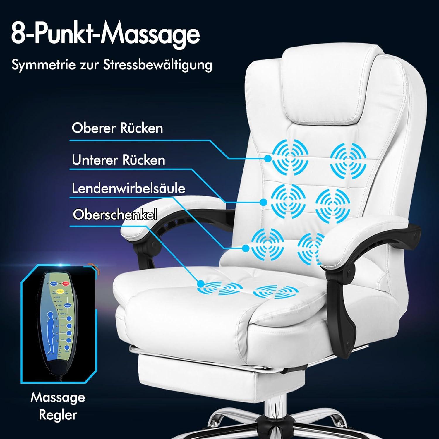Bürostuhl mit Lordosenstütze und Massagefunktion Weiß PU-leder