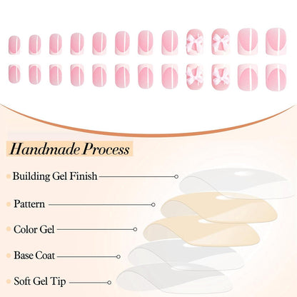 24er Set Weiße French Nails mit 3D Schleifen-Designs - Hochwertige