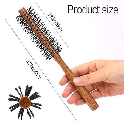 Kleine Rundbürste mit Holzgriff und Nylonborsten, Lockenbürste für Styling und Volumen