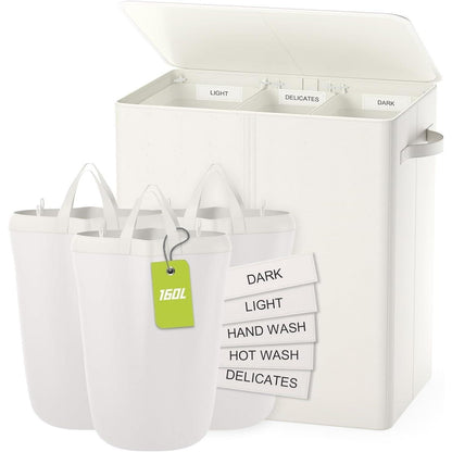 Wäschekorb mit Deckel & 3 Fächern – 160L Beige