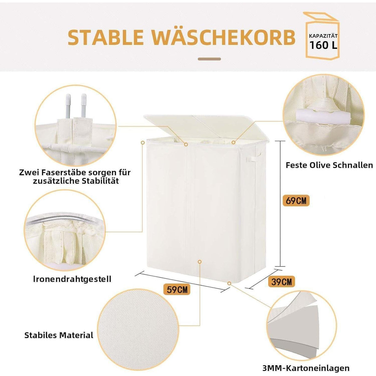 Wäschekorb mit Deckel & 3 Fächern – 160L Beige