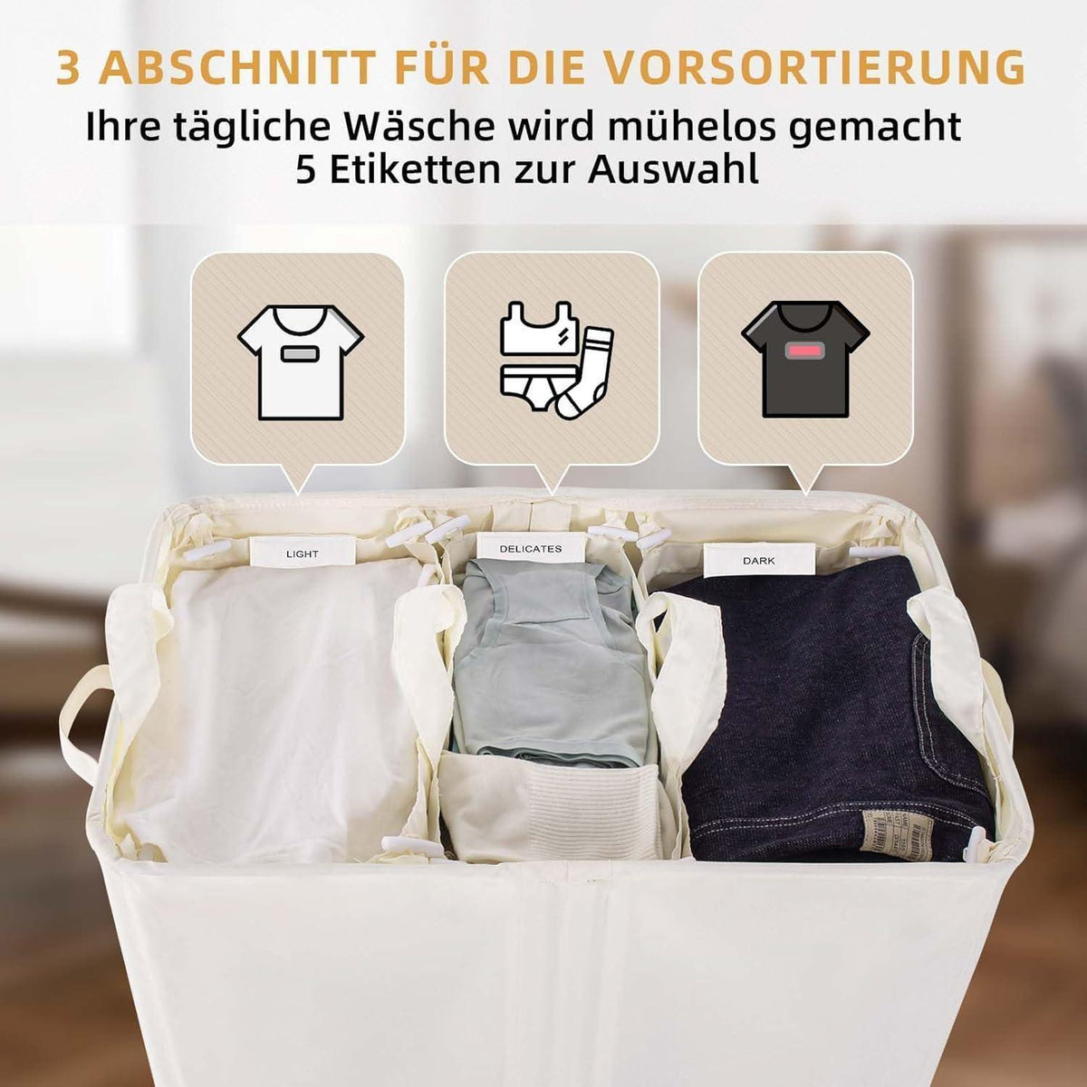 Wäschekorb mit Deckel & 3 Fächern – 160L Beige