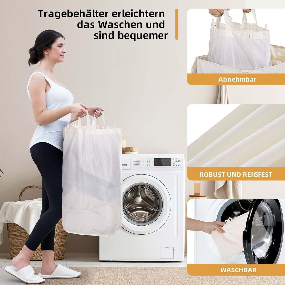 Wäschekorb mit Deckel & 3 Fächern – 160L Beige