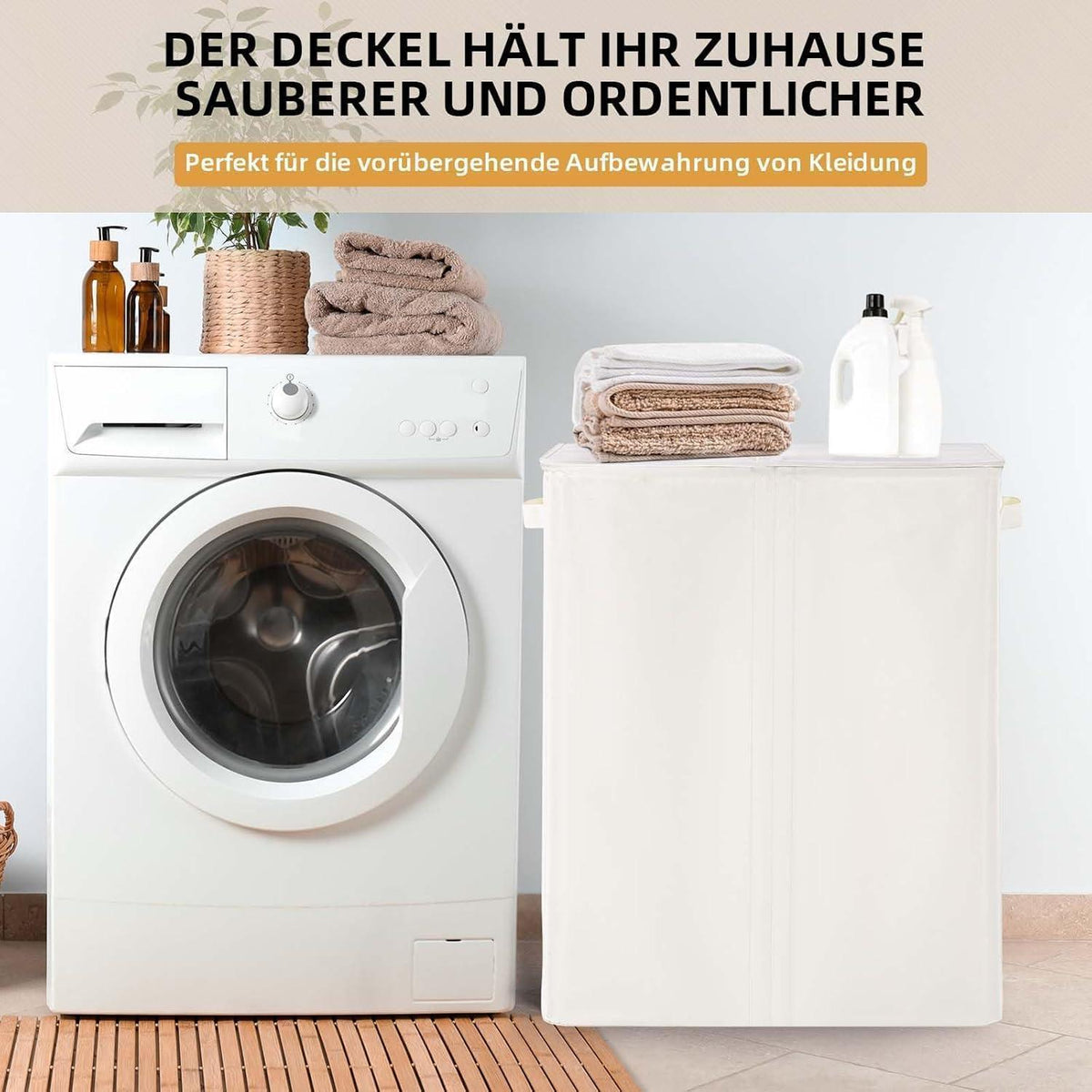 Wäschekorb mit Deckel & 3 Fächern – 160L Beige
