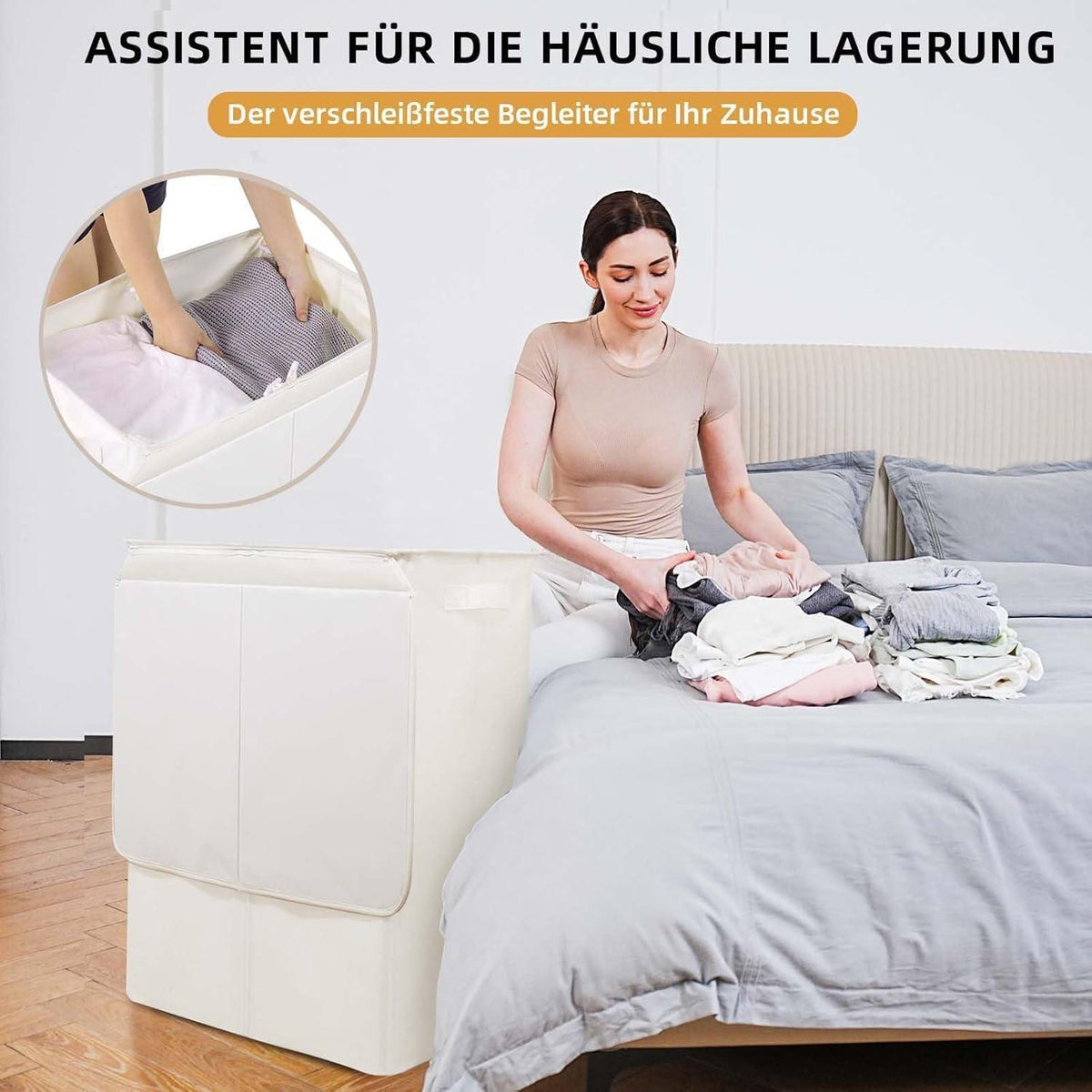 Wäschekorb mit Deckel & 3 Fächern – 160L Beige