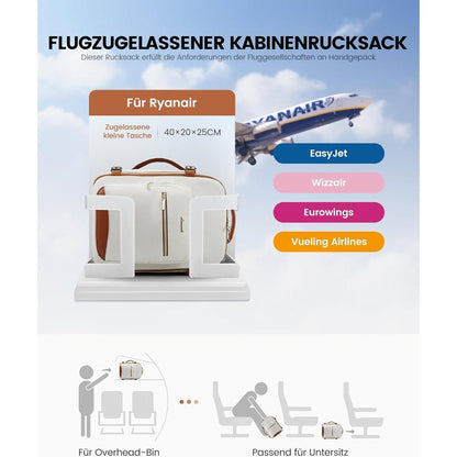 Handgepäck Rucksack 40x20x25cm, Reise Rucksack für Flugzeug, Laptopfach, Beige+braun