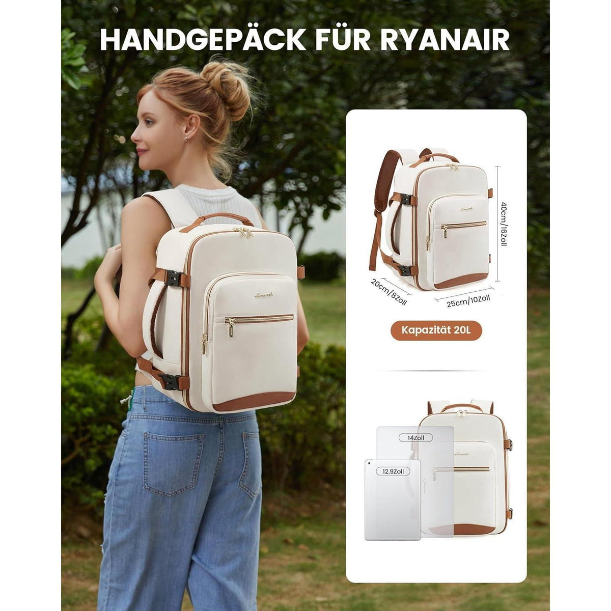 Handgepäck Rucksack 40x20x25cm, Reise Rucksack für Flugzeug, Laptopfach, Beige+braun