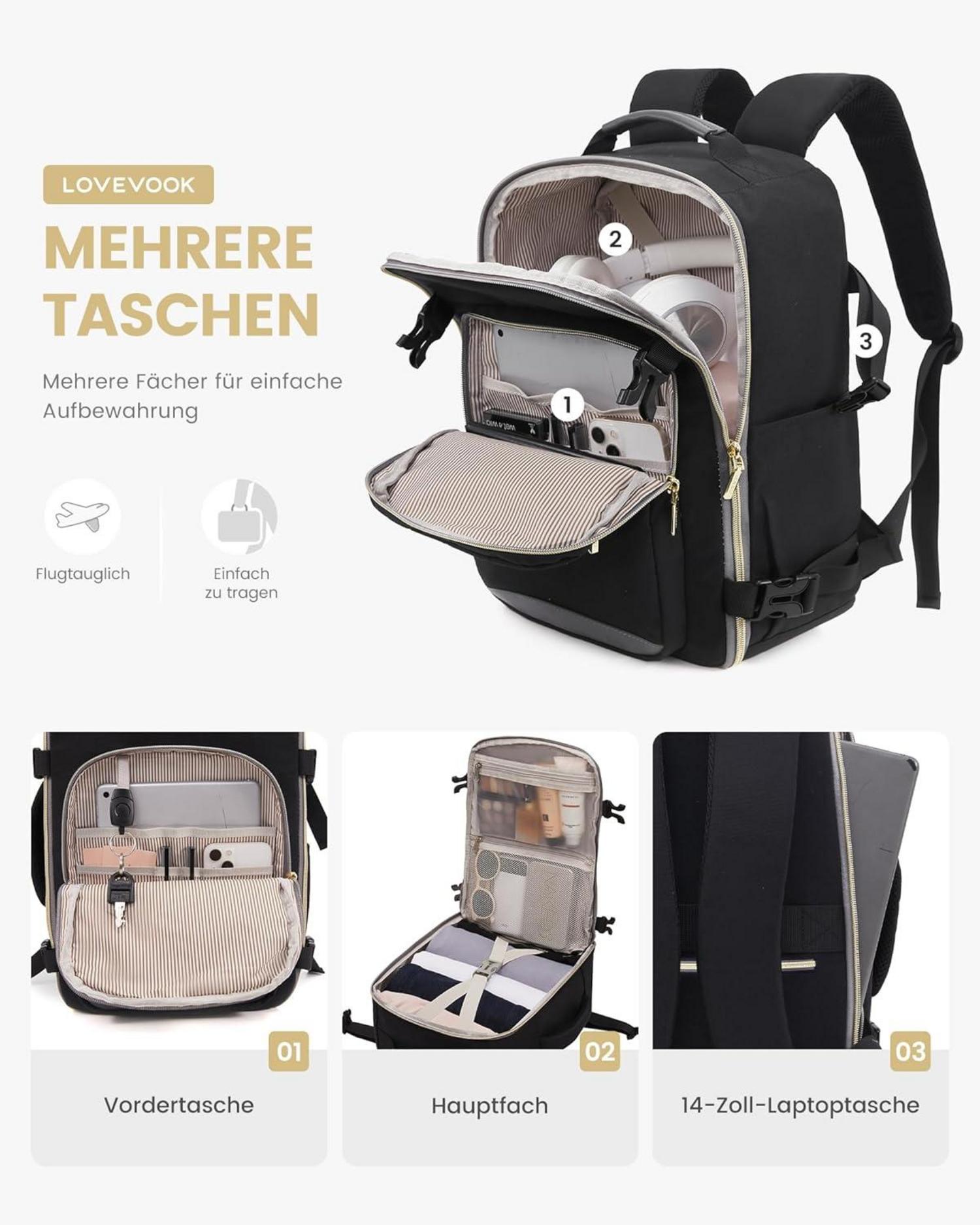 Ryanair Handgepäck Rucksack 40x20x25 Schwarz 14 Zoll Laptop für Damen Herren