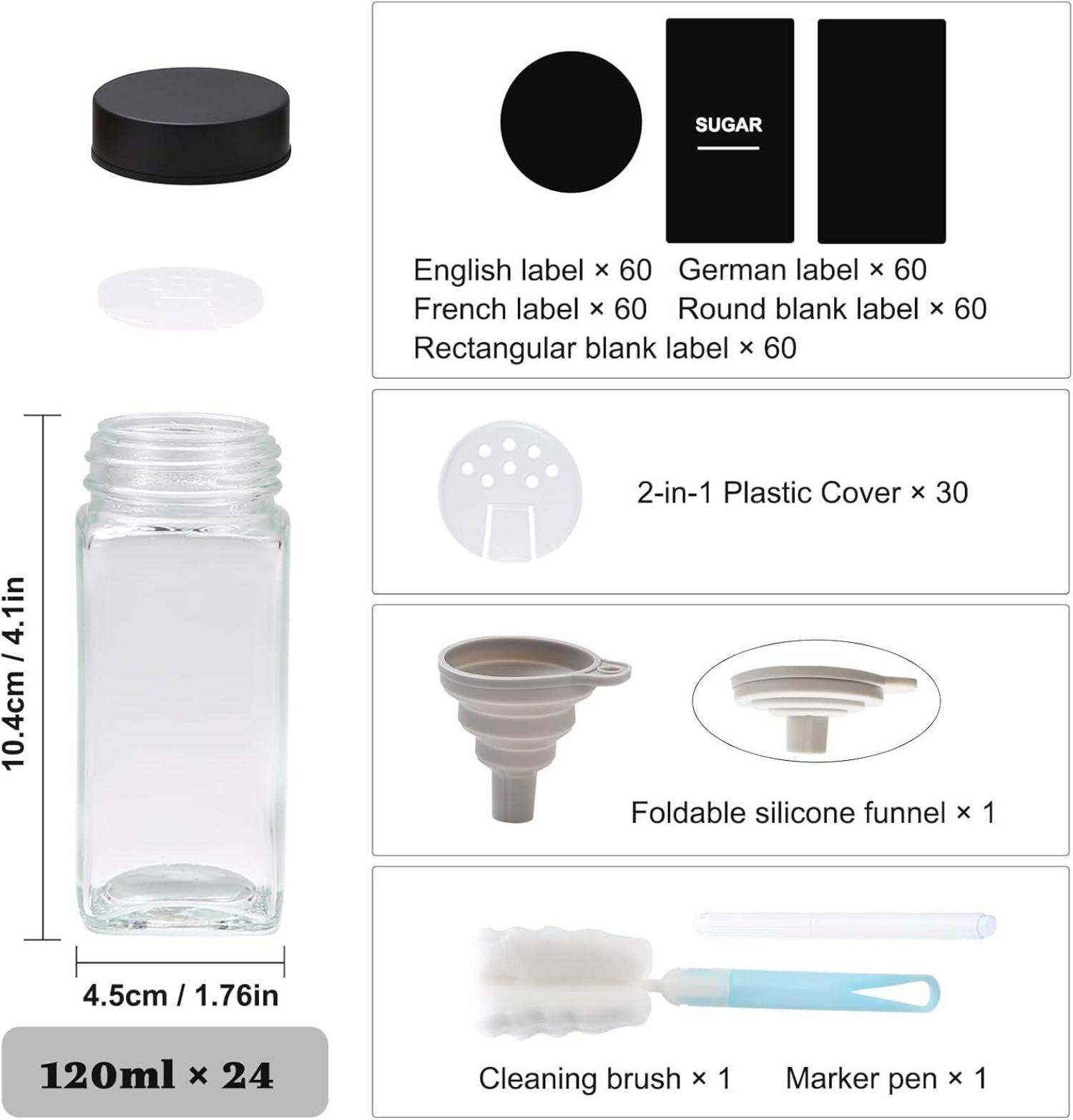 24tlg. Gewürzgläser Set 120ml mit Streueinsatz und Etiketten