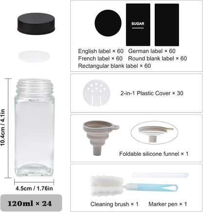 24tlg. Gewürzgläser Set 120ml mit Streueinsatz und Etiketten