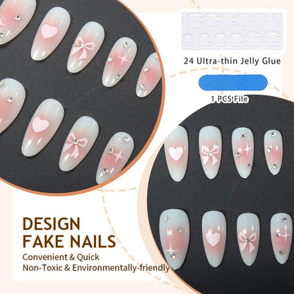 24er Pack Press on Nägel Herz Schleife Almond Rhinestone Glamour Nails