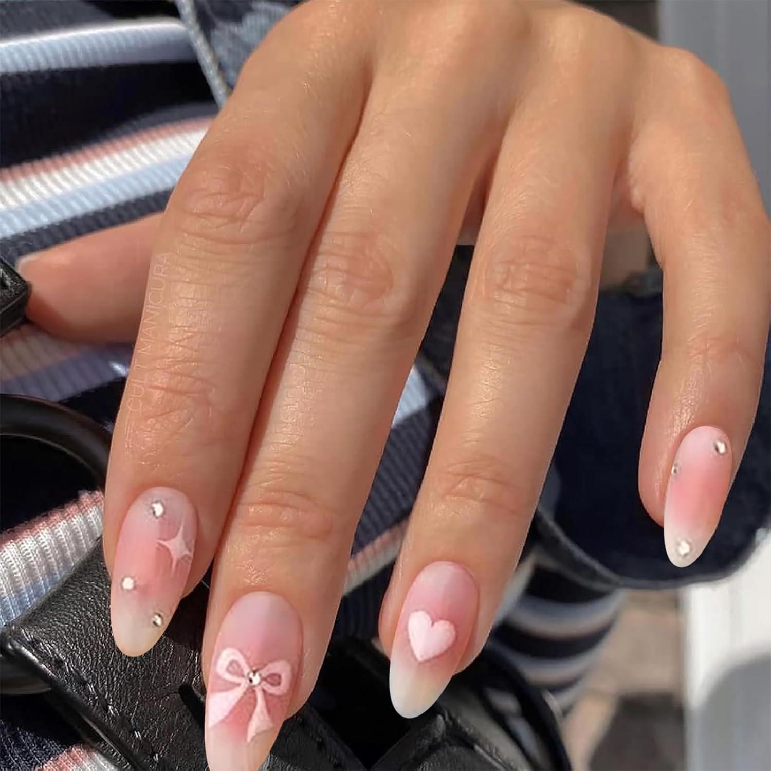 24 Stück Pink Love Herz Schleife Press on Nails Almond False Nails mit