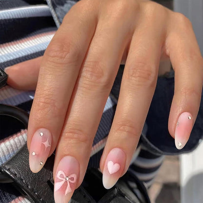 24 Stück Pink Love Herz Schleife Press on Nails Almond False Nails mit