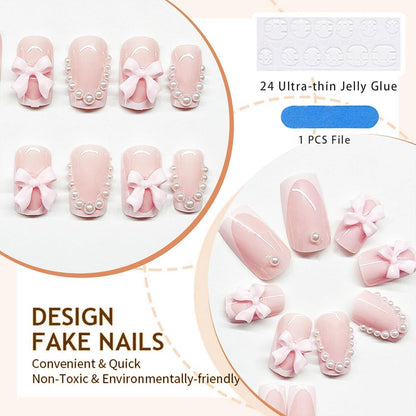24er Set Rosa Drucknägel - Quadratisch Dick, Schön mit Perlen