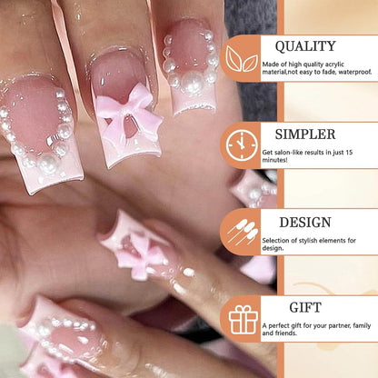 24 Stück Pink French Press on Nails Quadrat, Schleife Perlen Designs