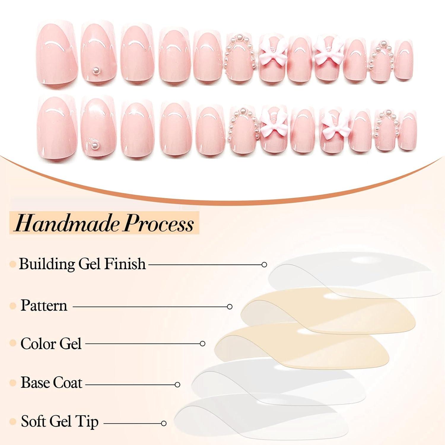 24 Stück Rosa Französisch Press on Nägel Set Kurz Quadrat False Nails