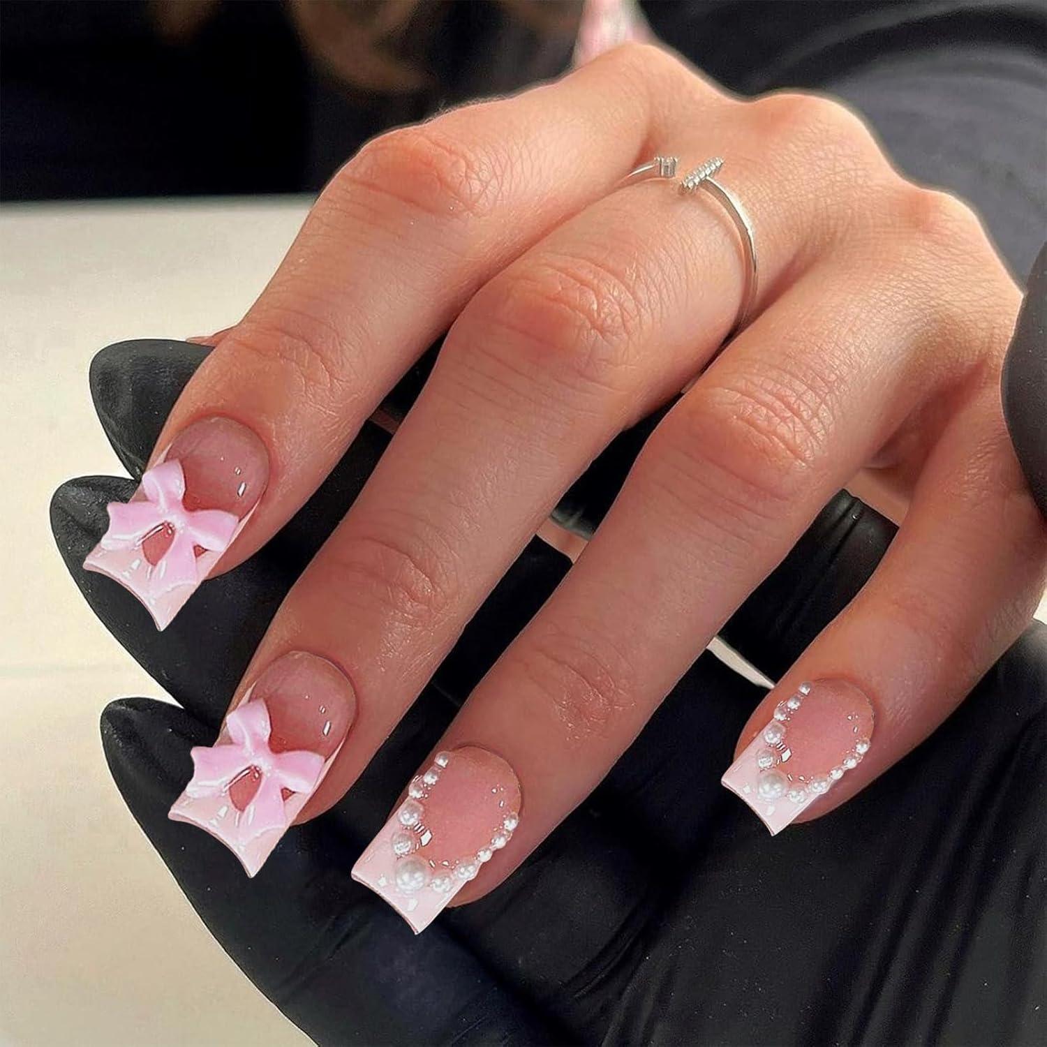 24 Stück Pink French Nails Press on False Nails Schön Schleife Designs