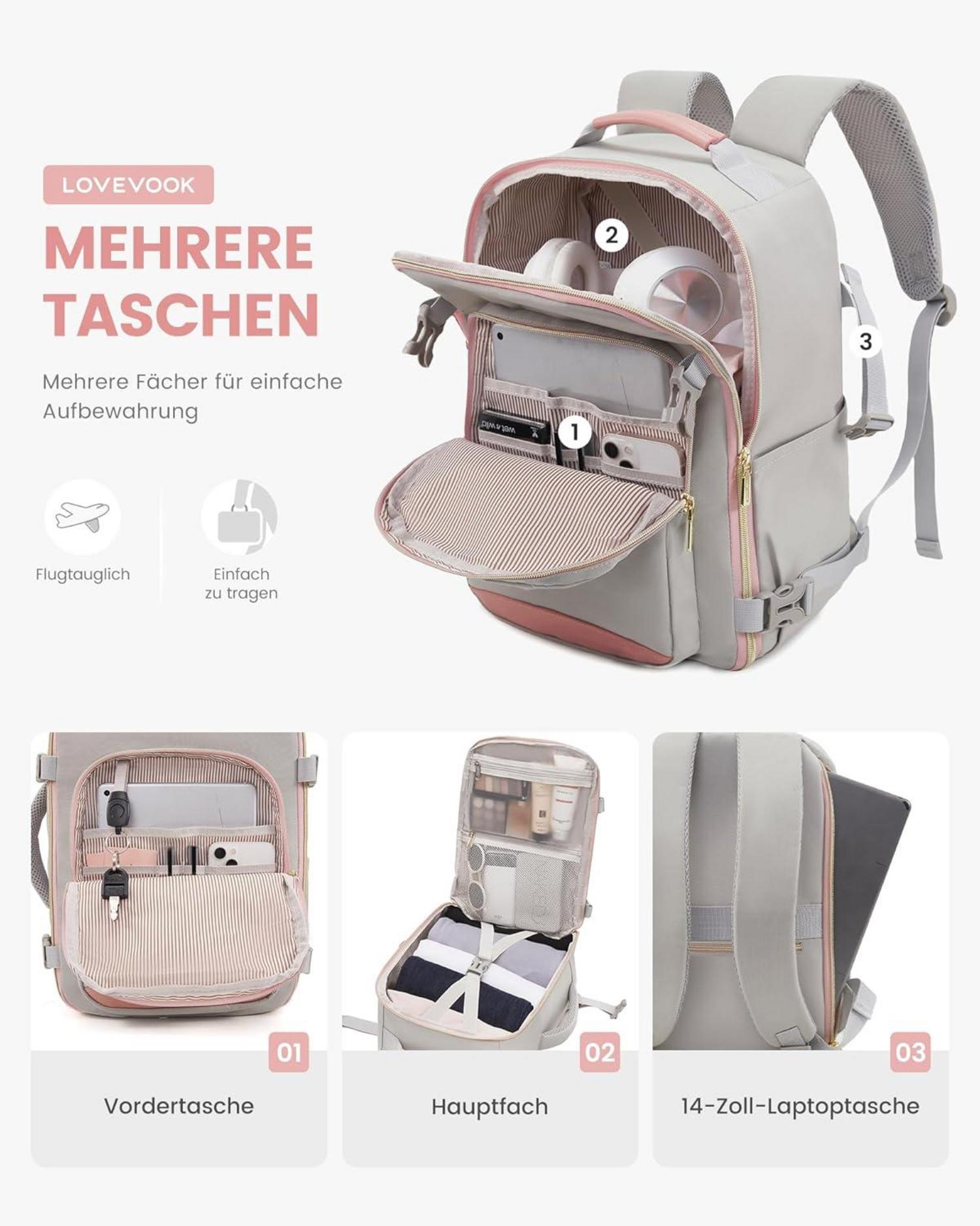 LOVEVOOK Rucksack Handgepäck 40x20x25 Reiserucksack Flugzeug 14 Zoll Laptop Damen Herren