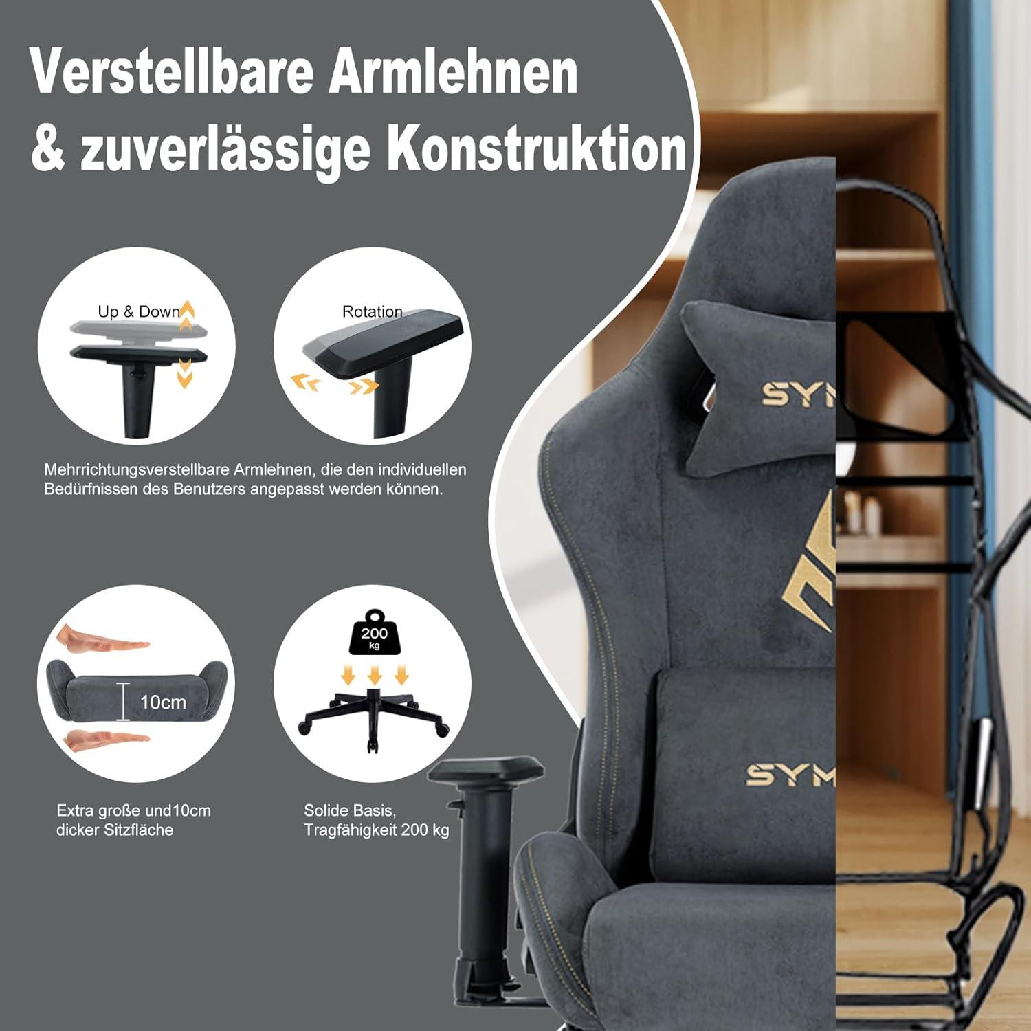 Symino Gaming Stuhl Grau mit Kunstfell und Fußstütze