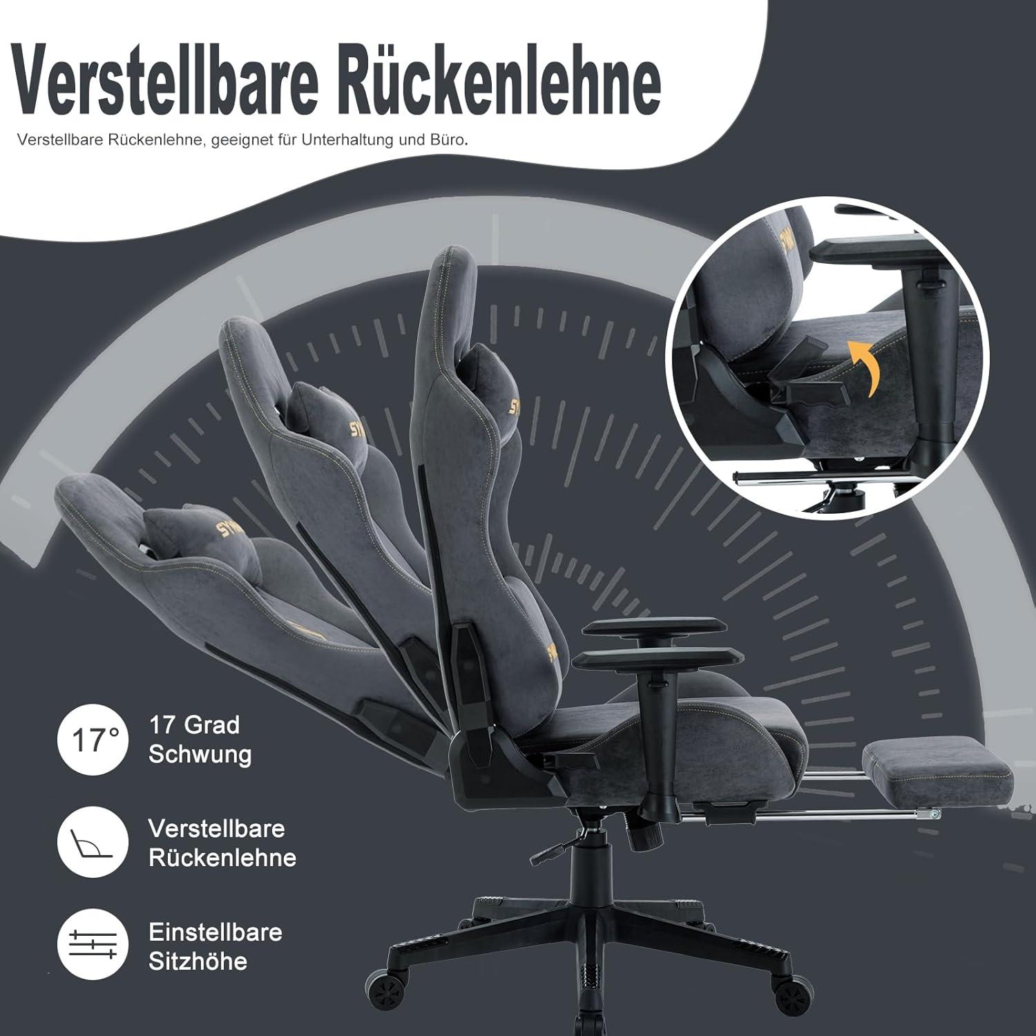 Gaming Stuhl Bürostuhl Hochwertiger Stoff Ergonomisch Verstellbar Grau