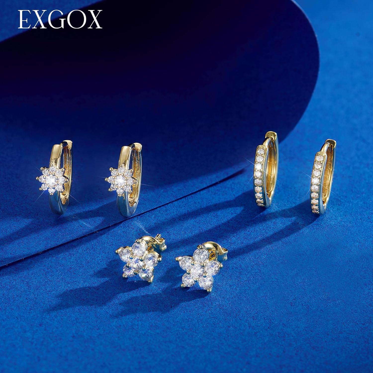 EXGOX Ohrringe Set Silber 925 Damen Creolen Ohrstecker Gold Blume hypoallergen