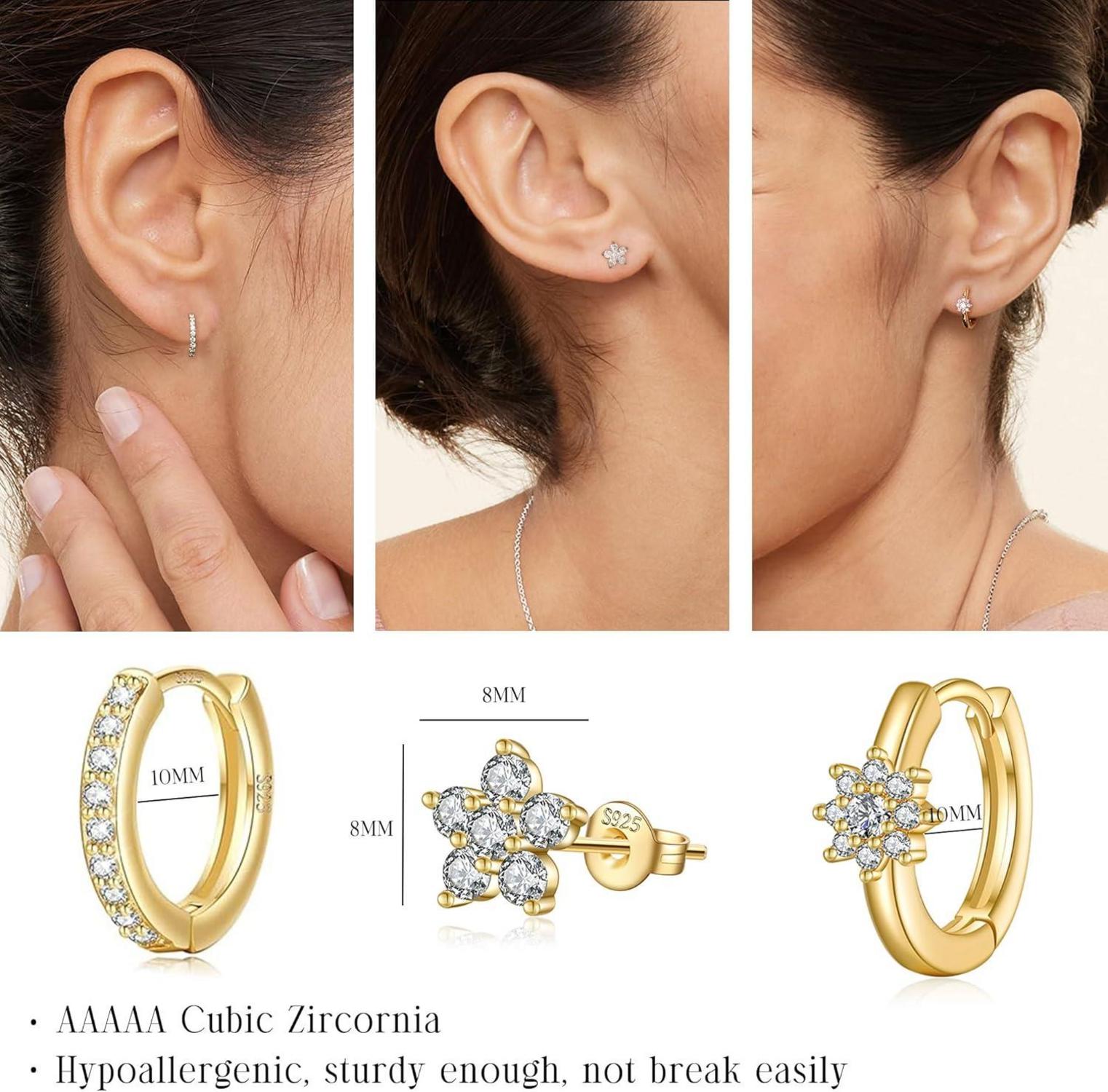 EXGOX Ohrringe Set Silber 925 Damen Creolen Ohrstecker Gold Blume hypoallergen